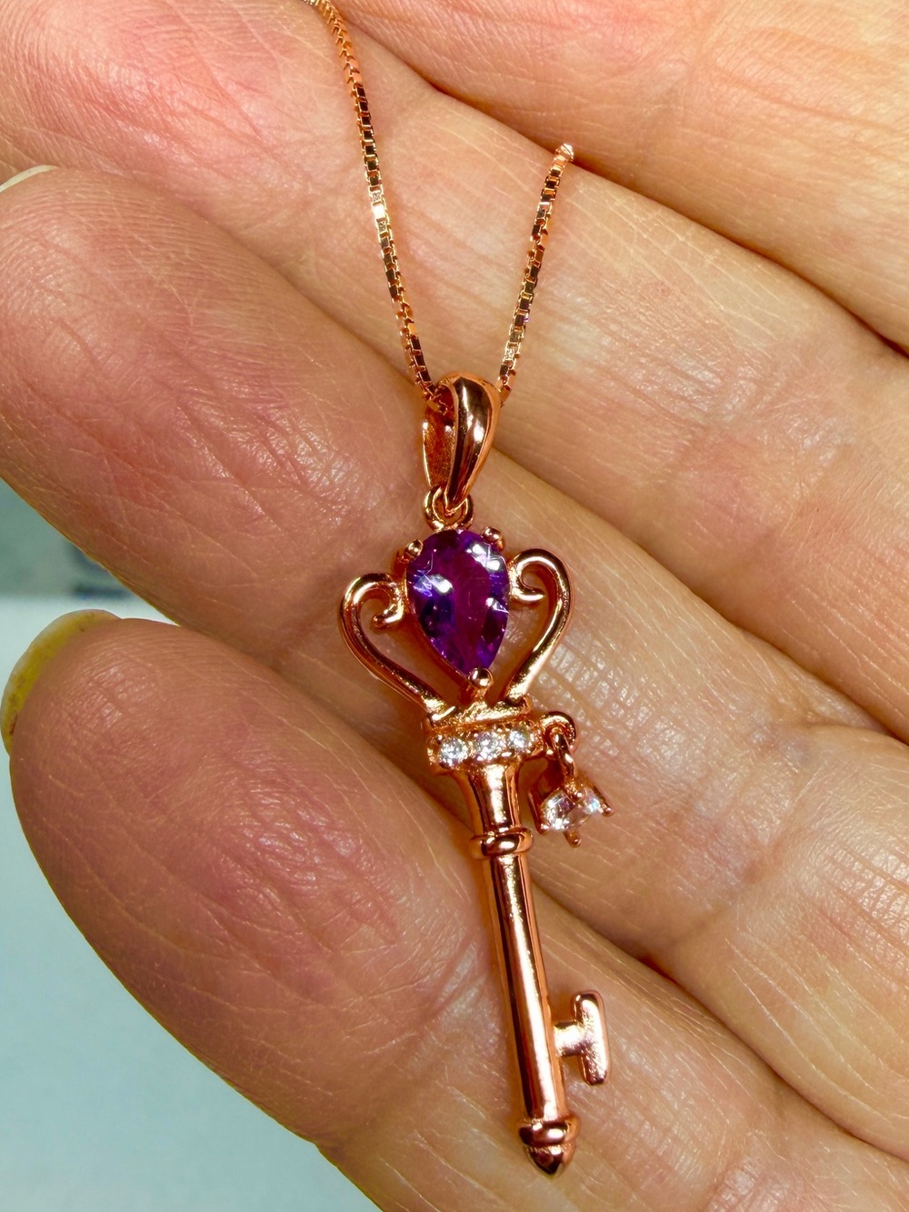 Rose Gold Plated Key Pendant Necklace with Amethyst and Crystal - Picture 4 of 4